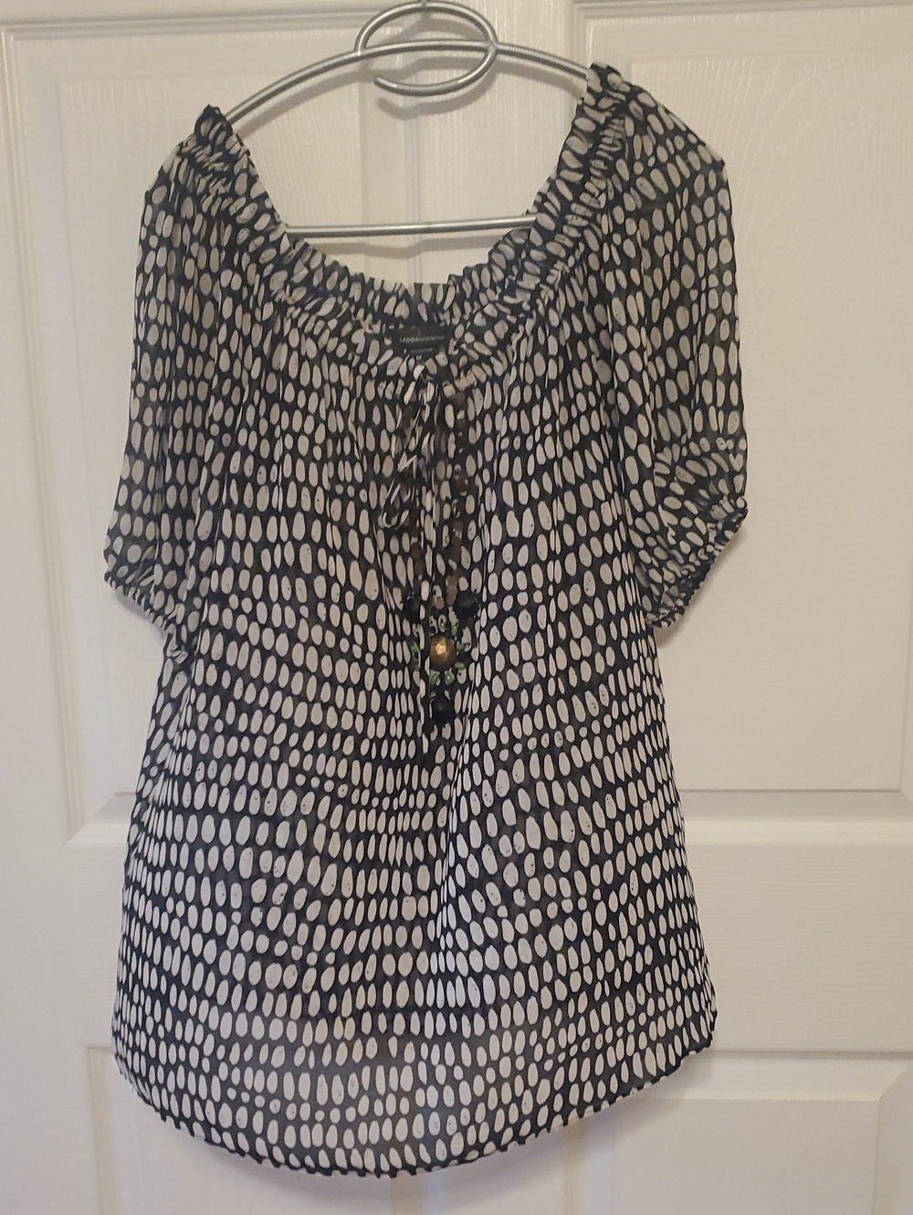 Moda International Black and White Dot Peasant Top